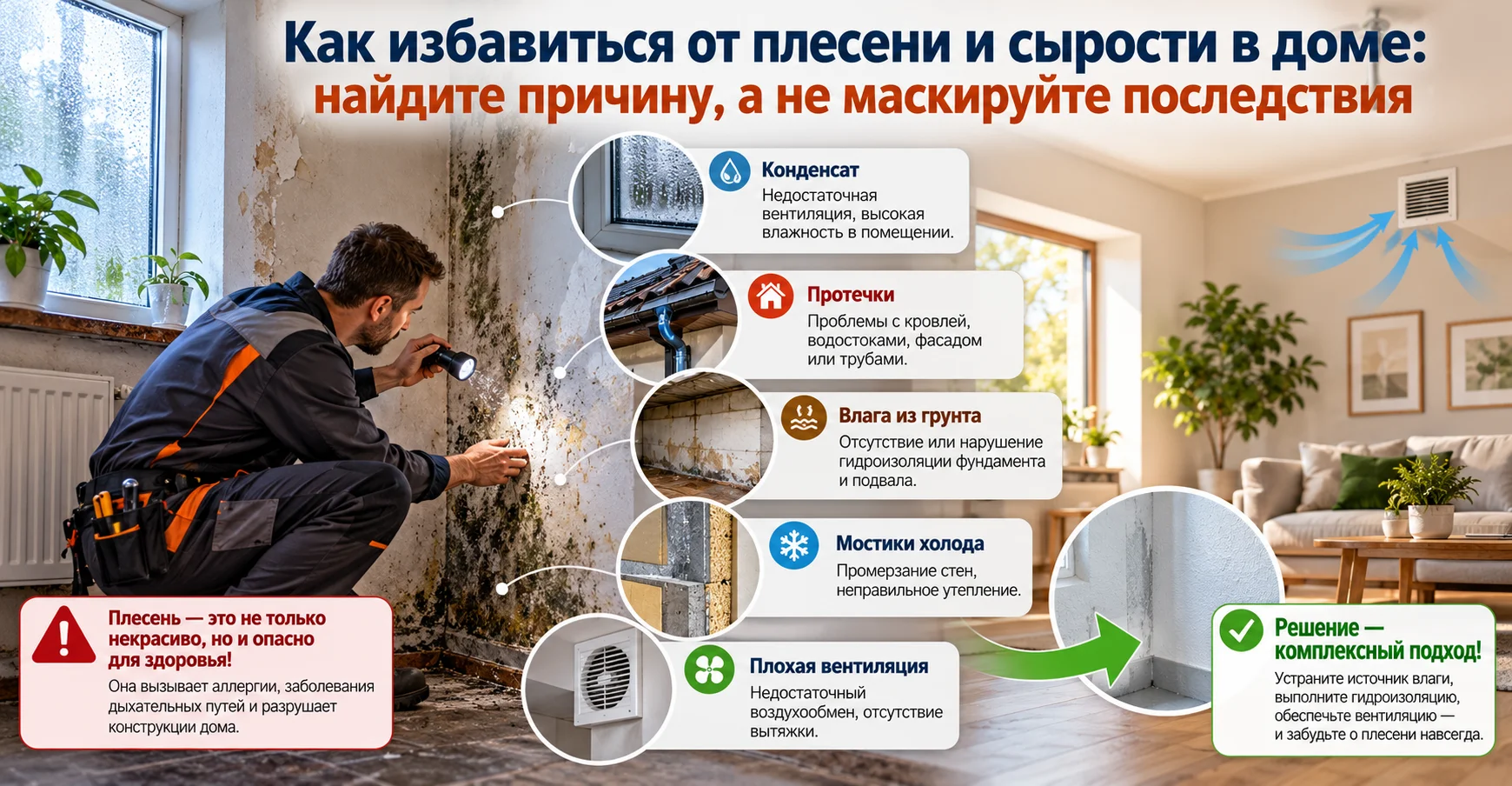 Как избавиться от плесени и сырости в доме: найдите причину, а не маскируйте последствия